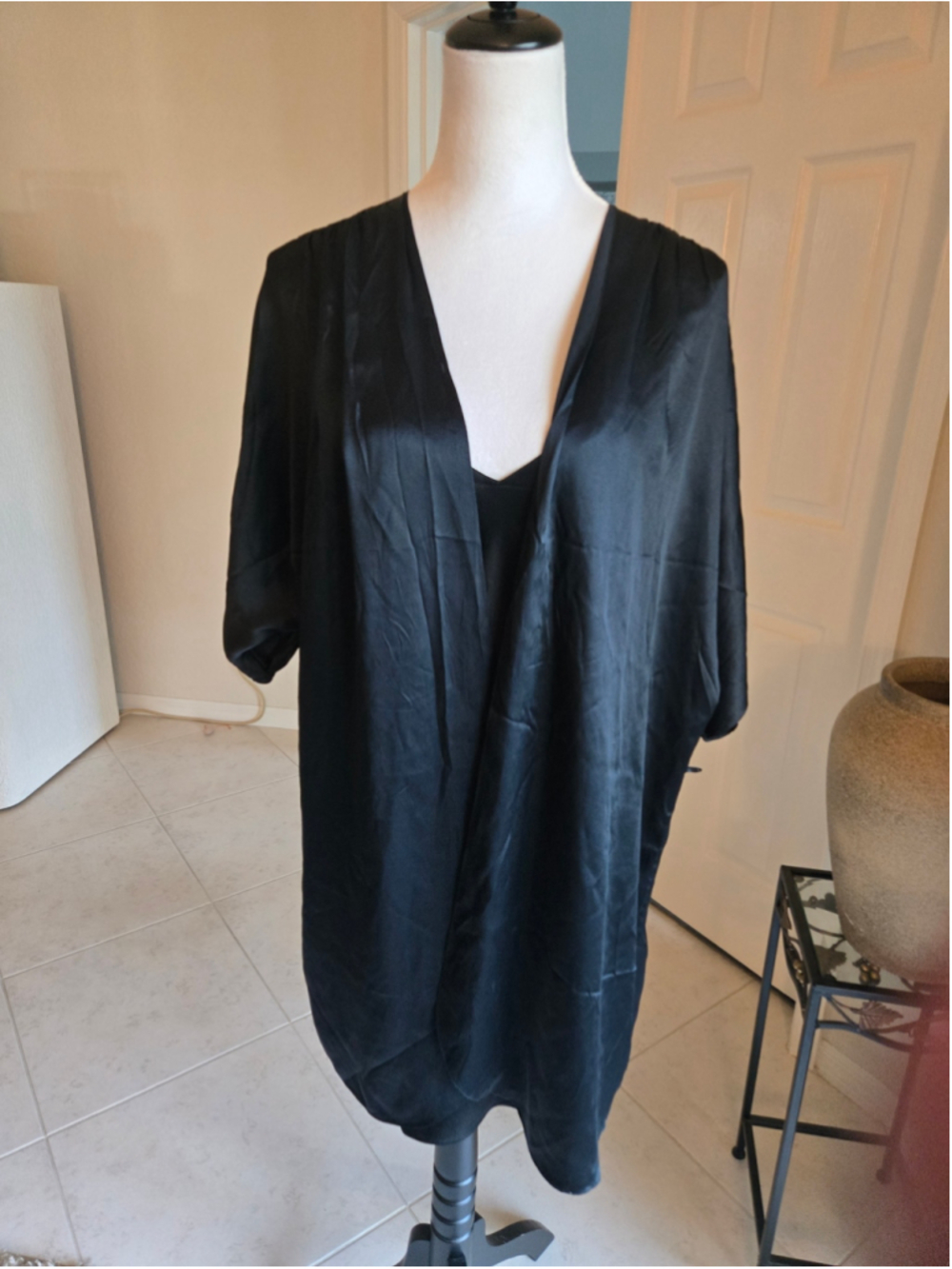 Vintage Morgan Taylor 100% Silk 2 PC Robe & Chemise Slip Dress Set Black M/OS